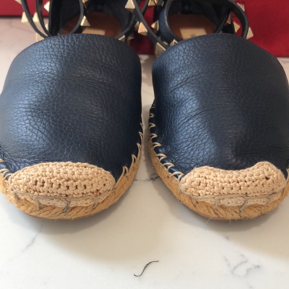 VALENTINO  GARAVANI Navy Blue Leather Rockstud Ankle Strap Espadrilles SZ 35 - Picture 4 of 16